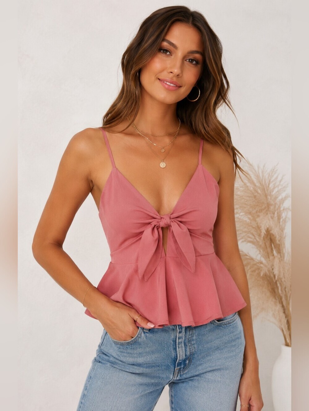 SHEIN Women Pink Tie Front Peplum Cami Top Sleeveless Flowy Size MNWT..